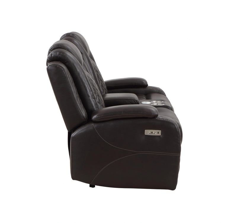 JOSHUA LEATHER CONSOLE LOVESEAT W/ DUAL RECLINERS-DK BROWN