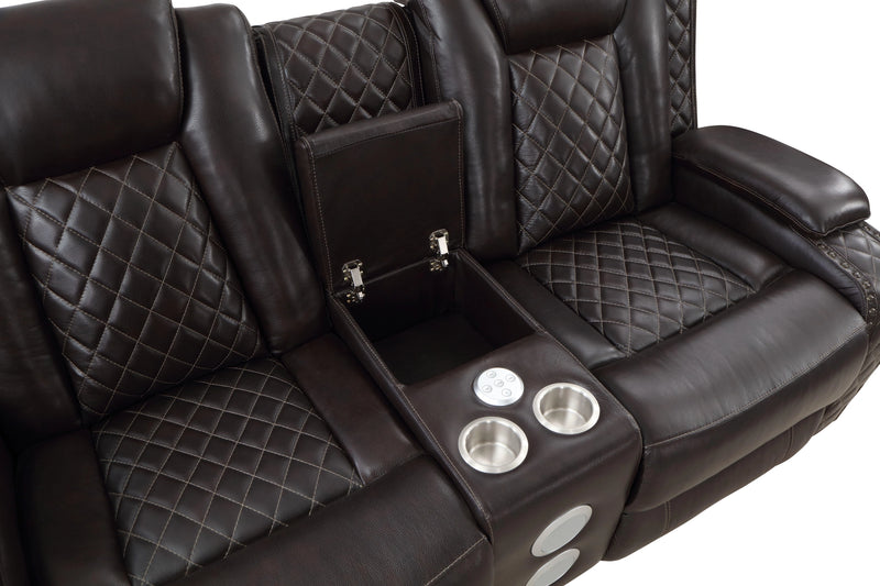 JOSHUA LEATHER CONSOLE LOVESEAT W/ DUAL RECLINERS-DK BROWN