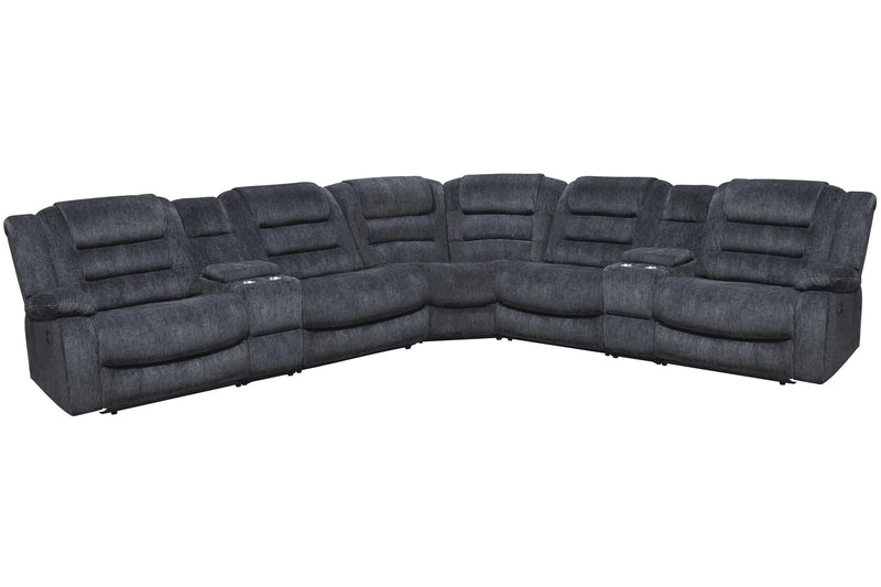 Parker Living Bolton - Misty Storm 7 Piece Modular Reclining Sectional and Entertainment Console