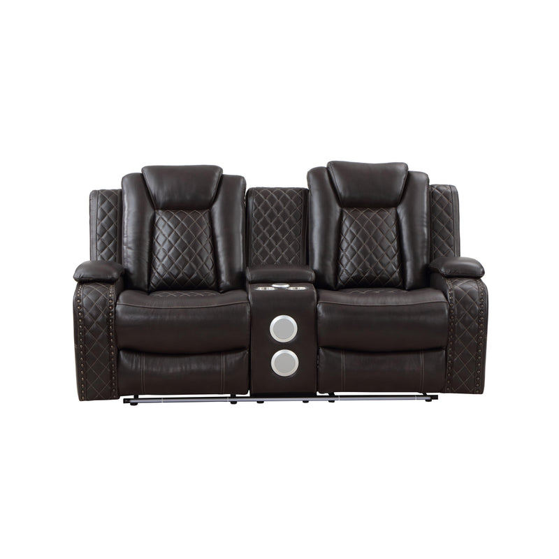 JOSHUA LEATHER CONSOLE LOVESEAT W/ PWR FR & HR-DK BROWN