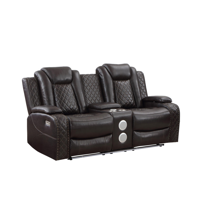 JOSHUA LEATHER CONSOLE LOVESEAT W/ PWR FR & HR-DK BROWN