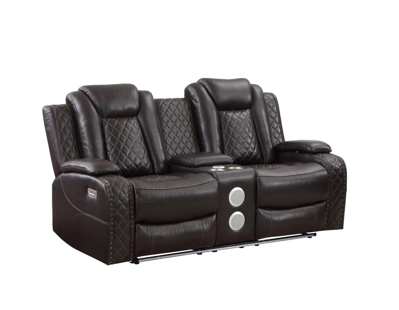 JOSHUA LEATHER CONSOLE LOVESEAT W/ DUAL RECLINERS-DK BROWN