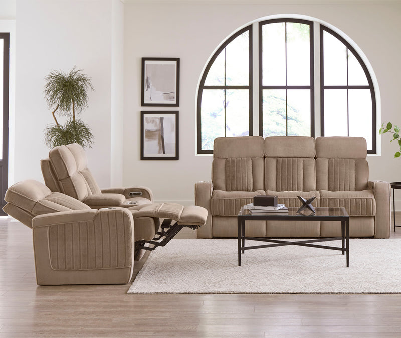 Parker Living Equinox - Mushroom Power Reclining Sofa with Drop Down Table